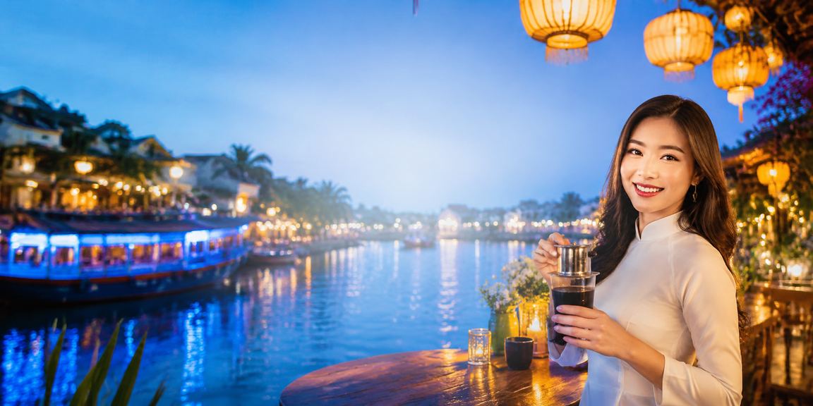 Không khí thư giãn tại Hội An với người dùng kiểm tra giải thưởng và kèo thể thao bên tách cà phê buổi sáng